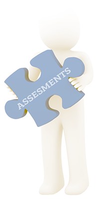 Block figure holding a puzzle piece with the word assessments on it