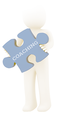 Block figure holding a puzzle piece with the word coaching on it